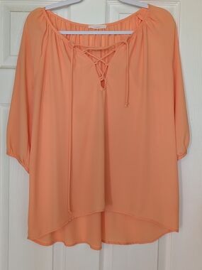 Lush Peach Lace-Up Peasant Blouse